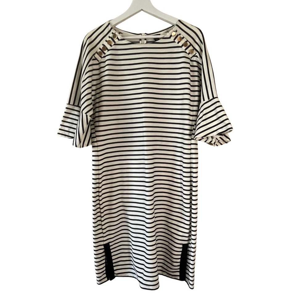 Ann Taylor women’s size L dress ivory/navy striped gold button accents at collar